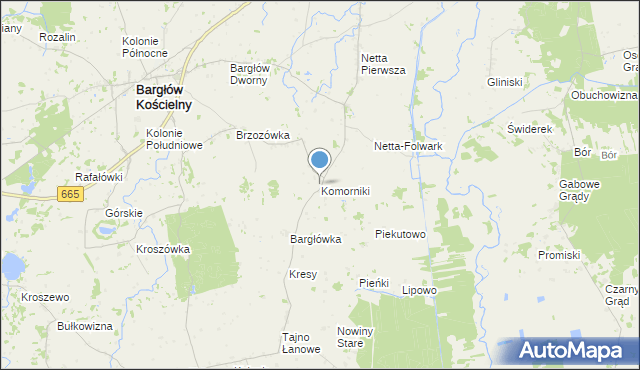 mapa Komorniki, Komorniki gmina Bargłów Kościelny na mapie Targeo